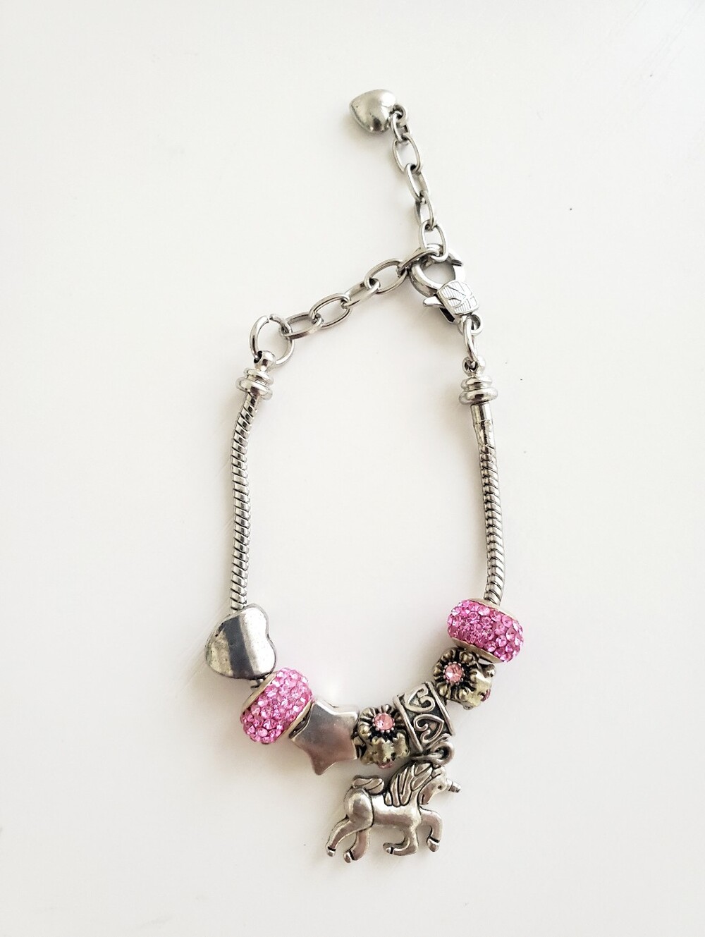 Silver Charm Bracelet with Pink Crystal Beads and Unicorn Charm